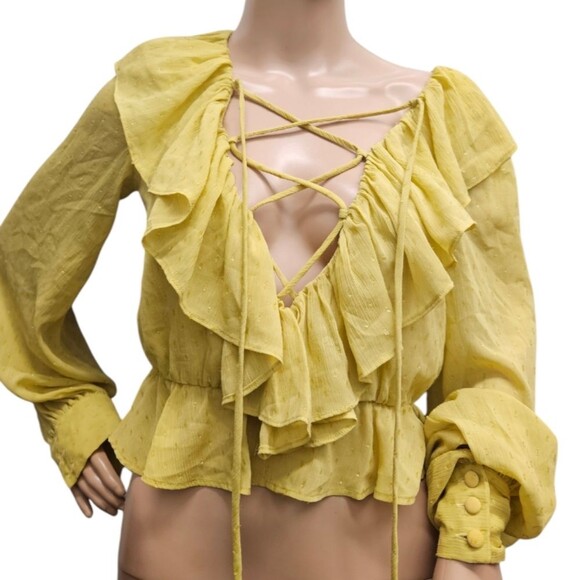 X by NBD Mustard Long Sleeve Ruffle Lace Up Top - Picture 2 of 10